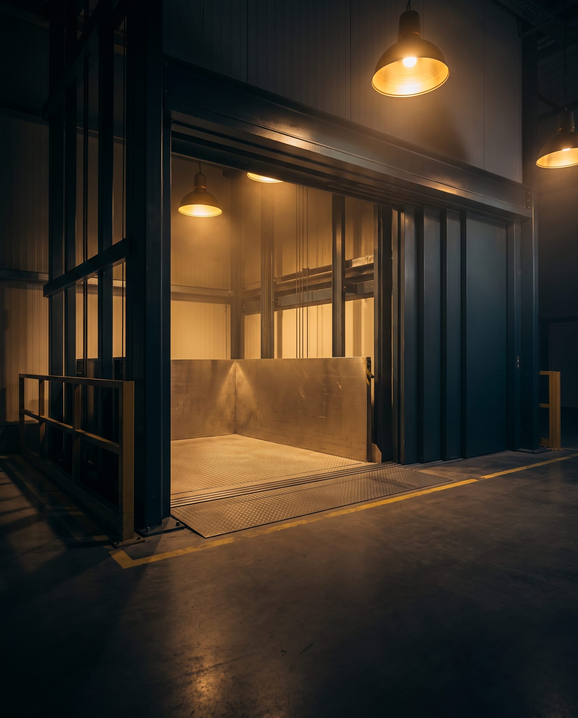 Montacarichi industriale ad alta portata con piattaforma in acciaio rinforzato in un magazzino illuminato di ambra
