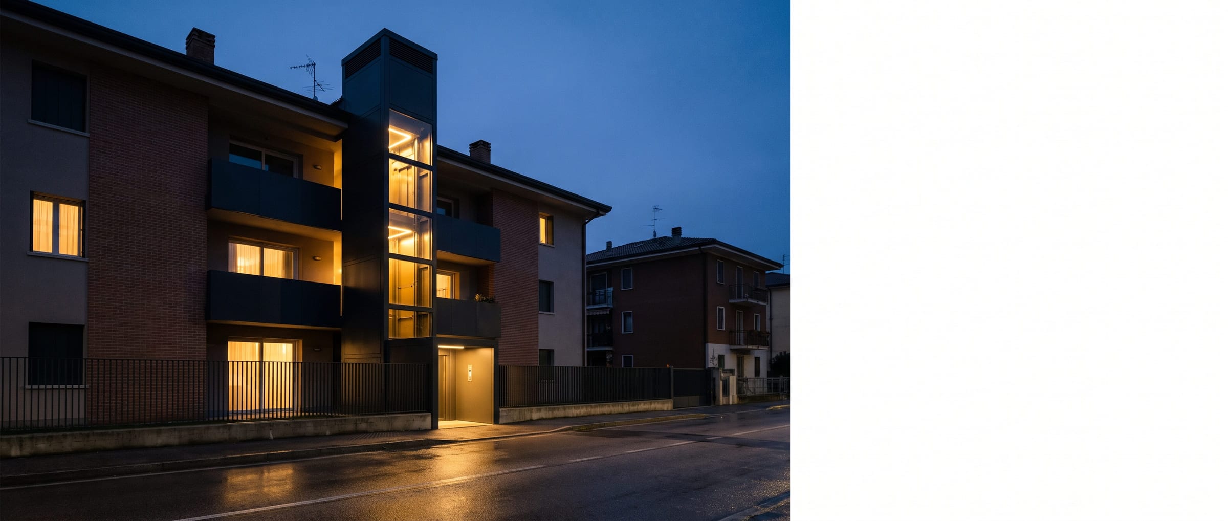 Impianto elevatore panoramico con struttura trasparente in ambiente moderno